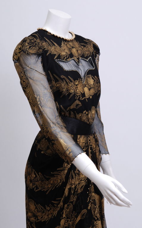 Black Zandra Rhodes Gold Painted Silk Dress
