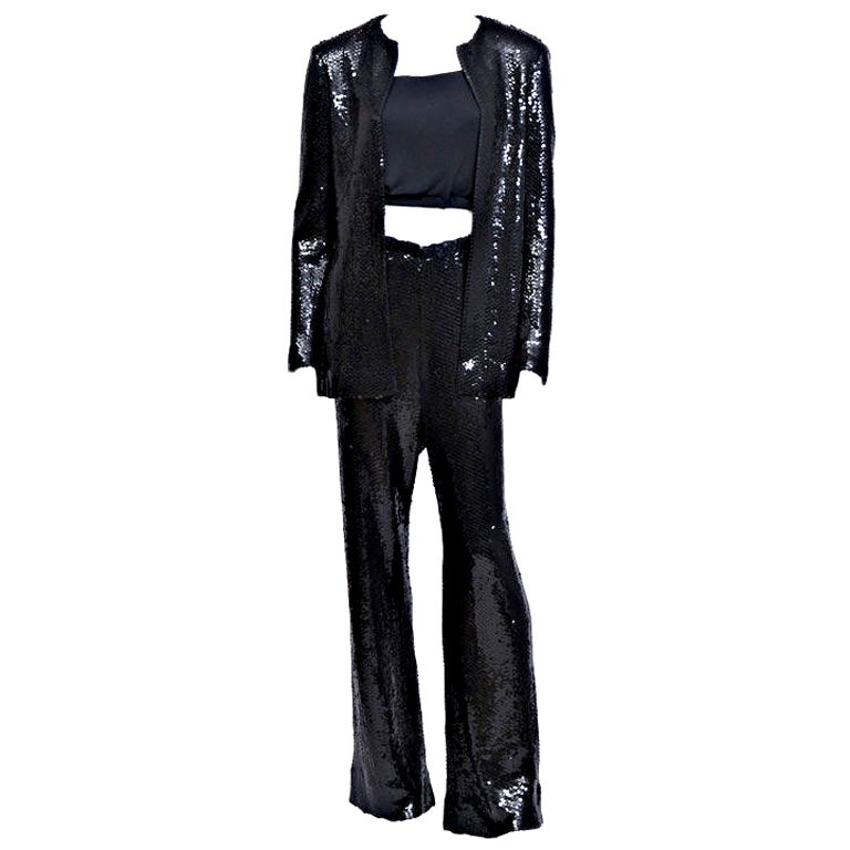 Halston Black Sequin Pant Suit For Sale