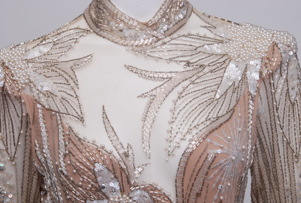 Women's Bob Mackie Nude Pearl and Bead Gown For Sale