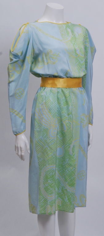 Bright, vibrant and rare Zandra Rhodes screen printed abstract design dress. Cut out shoulders with silk satin canary yellow ribbon belt.