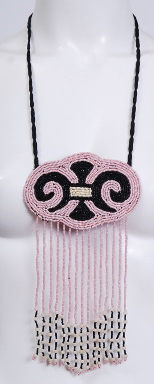 Fleur de Lis Design beaded bib necklace, strung of seed beads and bone.
