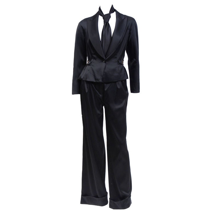 ladies black satin trouser suit