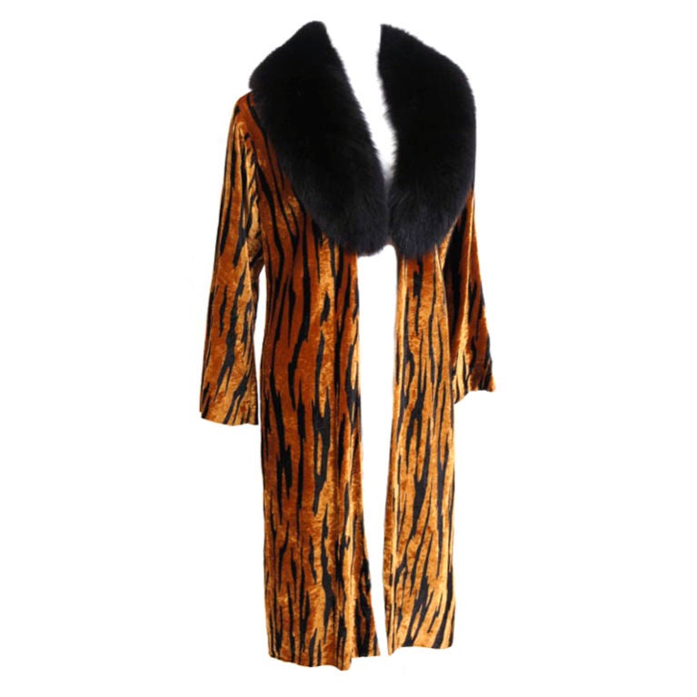 Adrienne Landau Tiger Print Velvet and Fox Coat For Sale