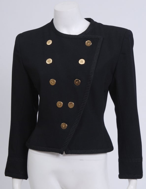 Soft summer wool double breasted blazer, lightly padded shoulders, shiny gold buttons and silk braided trim.