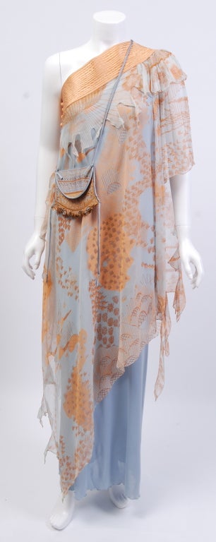 Rare Zandra Rhodes off the shoulder silk dress with matching bag. Hand screened desert pattern floats over top of a silk jersey slip. Silk bag with blue silk piping made to accompany this dress that can take you from day to night. This dress is a