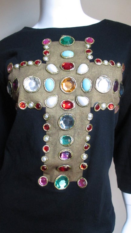The star of more than one fashion magazine cover is this fabulous jeweled t-shirt from Christian Lacroix.  Noteworthy designer of the later 20th century he was a master at mixing colors, fabrics and textures.  This is a basic simple black 3/4