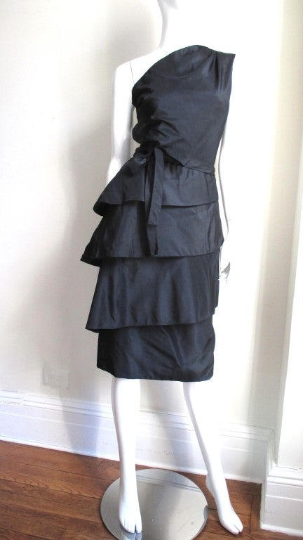 Black Vintage Werle One Shoulder Tiered Dress