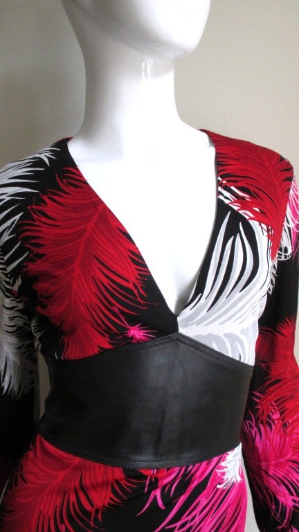 Black 1990s Gianni Versace Feather Print Leather Waist Dress