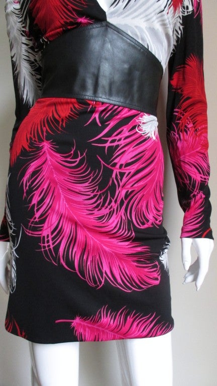 1990s Gianni Versace Feather Print Leather Waist Dress In Good Condition In Water Mill, NY