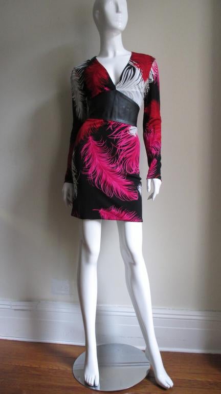 Women's 1990s Gianni Versace Feather Print Leather Waist Dress