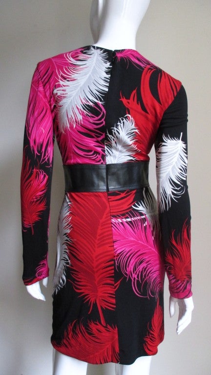 1990s Gianni Versace Feather Print Leather Waist Dress 1
