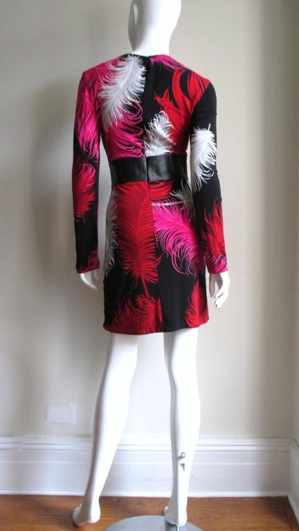 1990s Gianni Versace Feather Print Leather Waist Dress 4