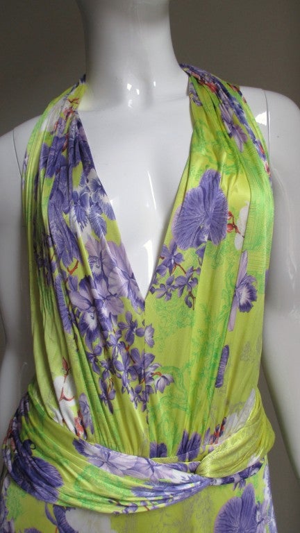 Versace Silk Cross Back Plunge Halter Dress In New Condition In Water Mill, NY
