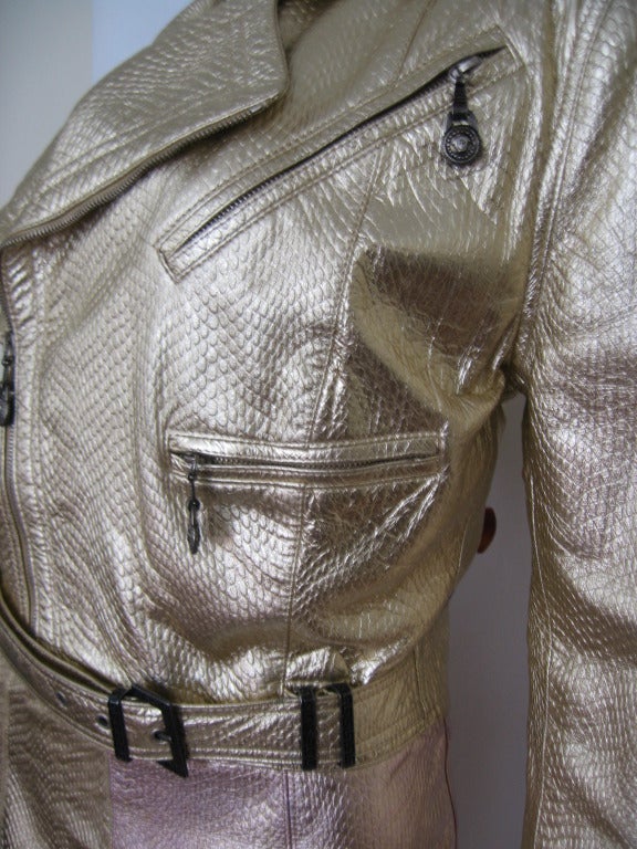 1990s Gianni Versace Gold Leather Motorcylce Jacket & Skirt In Excellent Condition In Water Mill, NY