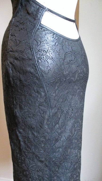 1990s Gianni Versace Laser Cut Leather Plunge Dress 6