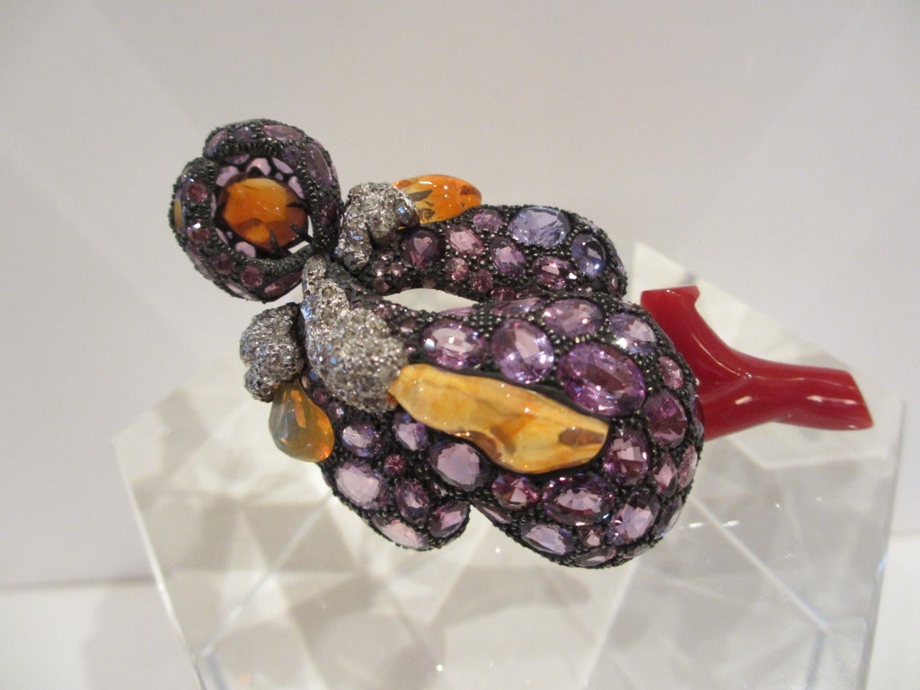 Purple Sapphire, Fire Opal, Coral, Diamond Iris Brooch In New Condition For Sale In New York, NY