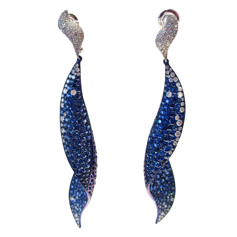Blue Sapphire and Diamond Drop Earrings For Sale