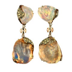 Jelly Opal and Brown Diamond Drop Earrings
