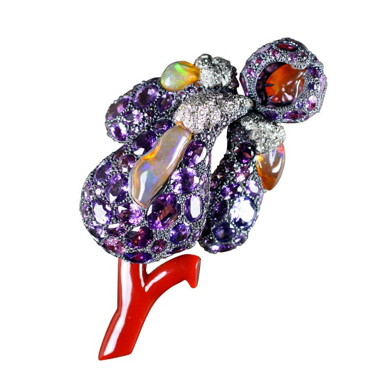 Purple Sapphire, Fire Opal, Coral, Diamond Iris Brooch For Sale
