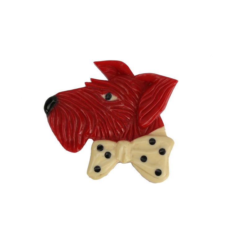 Scottish or Sealyham Terrier Dog with Polka Dot Bow Brooch Pin