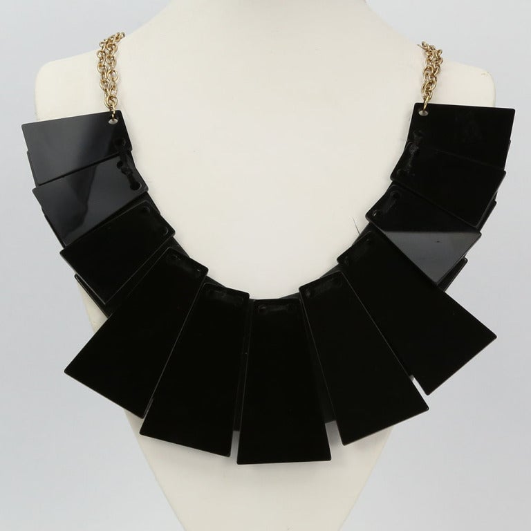 Stunning Celluloid Runway Necklace, comprising Black and Leopard design Trapezoids of three varying sizes, 1.75, 2.25 and 2.75” long x 1” wide. Unique and fabulous as you are!