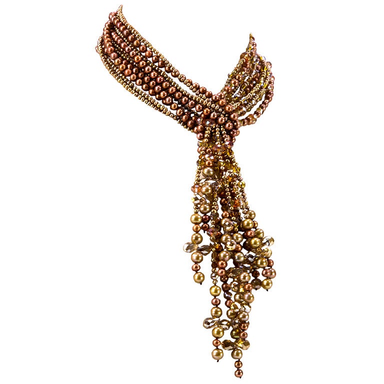Golden Bronze Pearls and Crystal MultiStrand Necklace For Sale at 1stDibs bronze pearl necklace