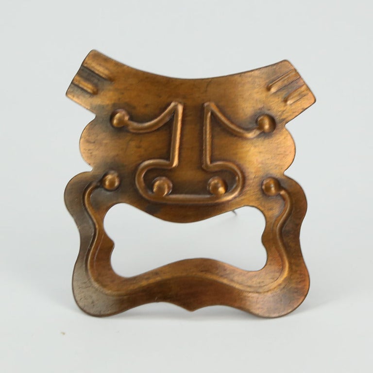 Mid Century Modern Rebajes Copper Pin Brooch C1950s, featuring a Comedy and Tragedy Masks; “Rebajes