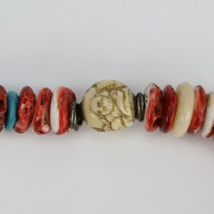 Vintage Spong Coral Bone Turquoise Buddha Bead Sterling Silver Necklace