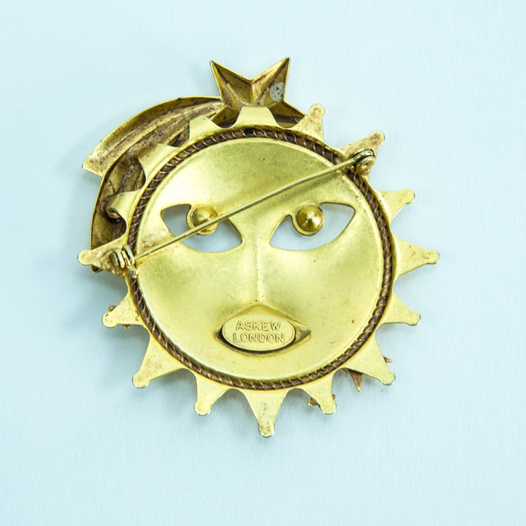 Fabulous signed Askew London Sun Brooch Pin; gilt brass Solar design, accented by sparkling crystals. Add a little magic to the everyday!