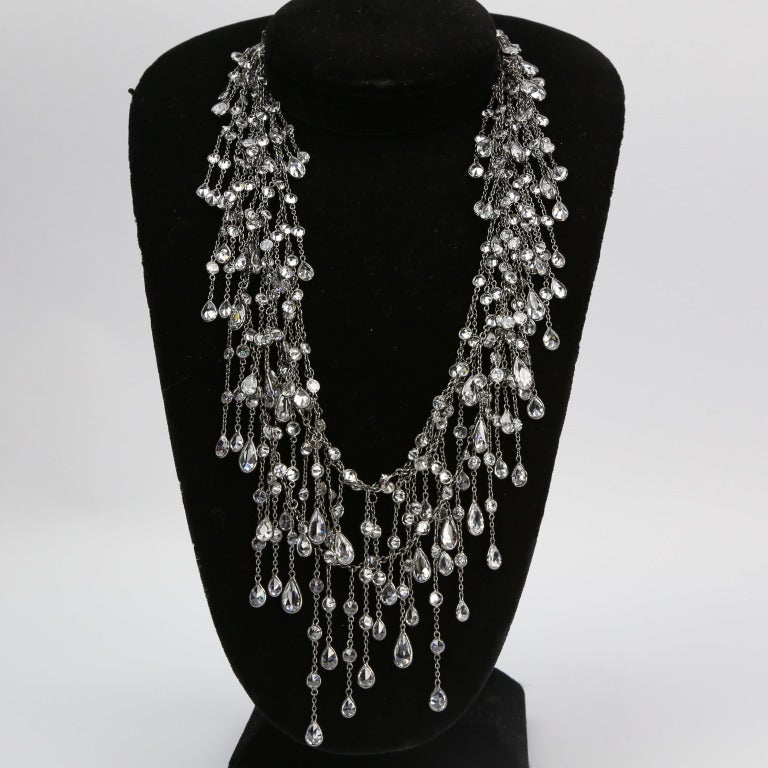 Cascade Multi Strand Swarovski Crystal Long Silver Necklace For Sale at