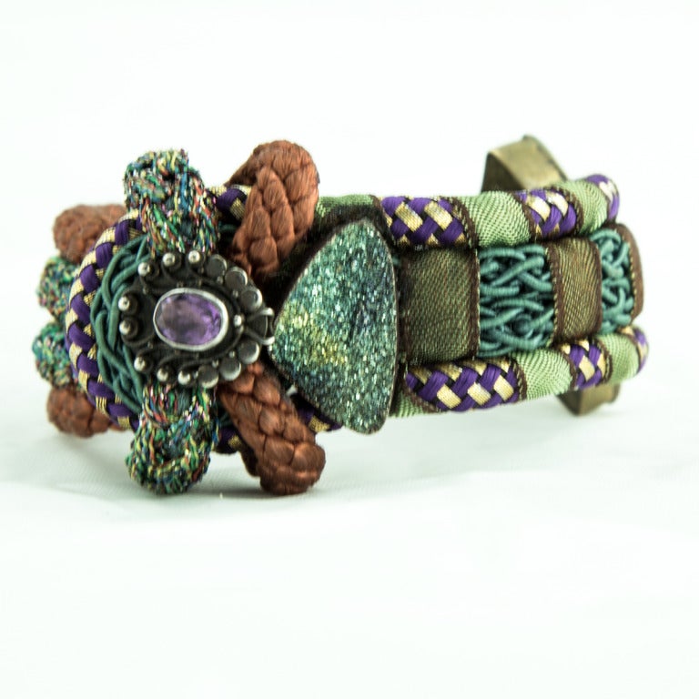 Alex & Lee, beautifully crafted Ceremonial Knot Bracelet of silk cord and ribbon, enhanced with metallic cord and a natural amethyst encased in silver plus a Druzy stone; decorative s/s caps at each end; bracelet measures approx. 7.5