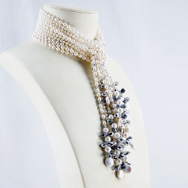 Pearls and Crystal Multi-strand Statement Necklace In New Condition In Montreal, QC