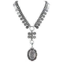 Victorian Silver Photo Locket and Book Chain Collar Necklace