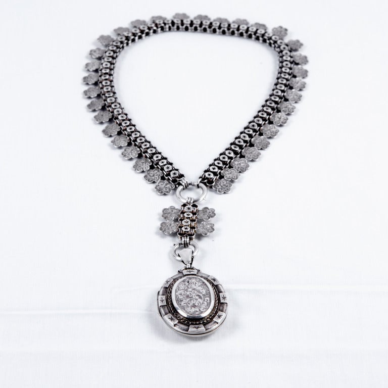 Women's Victorian Silver Photo Locket and Book Chain Collar Necklace