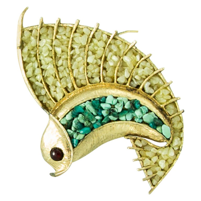 Rare SWOBODA Figural Jade and Turquoise Flying Fish Brooch Pin