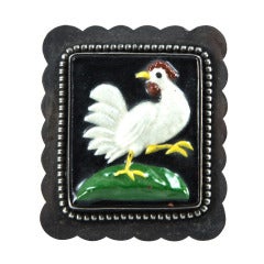 Art Deco Porcelain Rooster Sterling Silver Brooch Pin C1930s