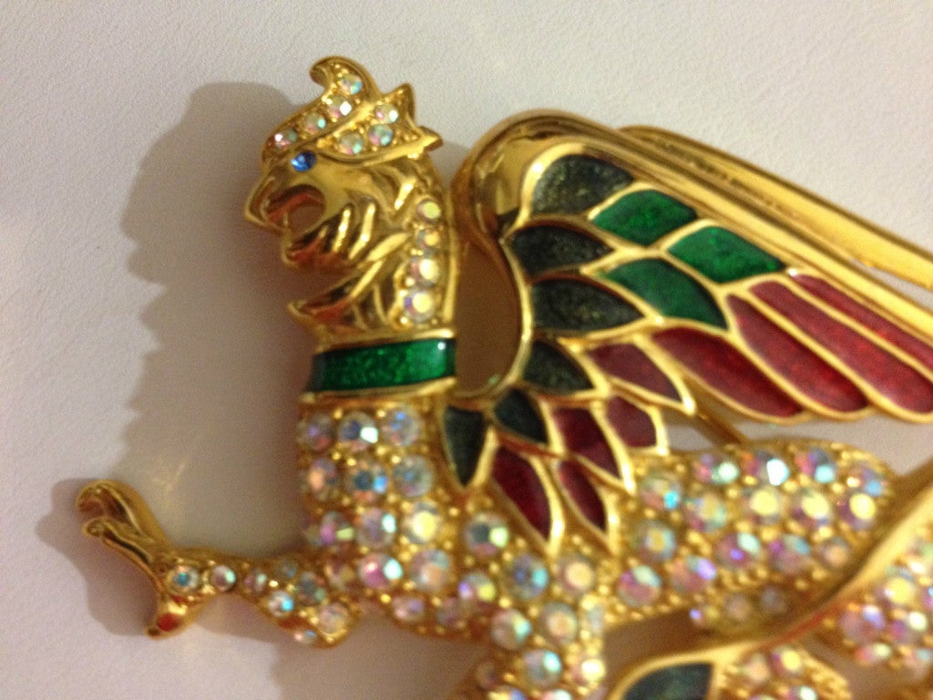 Beautiful Rare Signed Trifari Griffin Enamel and Rhinestone Brooch; circa: 1997.  Measuring approx. 2.5 inches long; Unique and very hard to find; in great vintage condition; Fun and fabulous as you are!