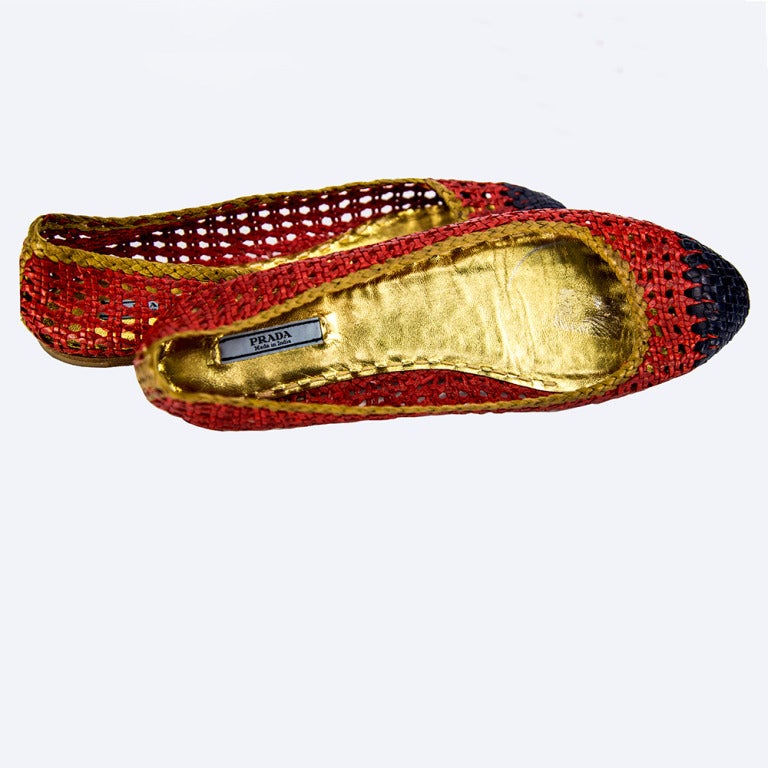 Prada Red Navy and Beige Lattice, crochet Leather Ballet Flat Shoes - Size Euro 40/US 10.Comfy and so Stylish!