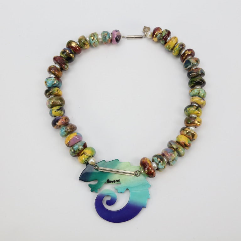 Pavone Chameleon Brooch and Glazed Fimo Pearl Necklace