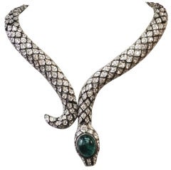 Retro Crystal Encrusted Serpent Snake Sterling Silver Necklace