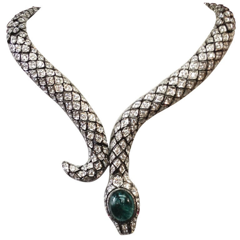 Crystal Encrusted Serpent Snake Sterling Silver Necklace