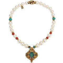 Pearl Coral and Turquoise suspending a Tibetan Gau Gilt Silver Pendant 12