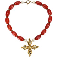 Vintage Red Amber and Baroque Pearl Necklace suspending Bronze Visvavajra Pendant