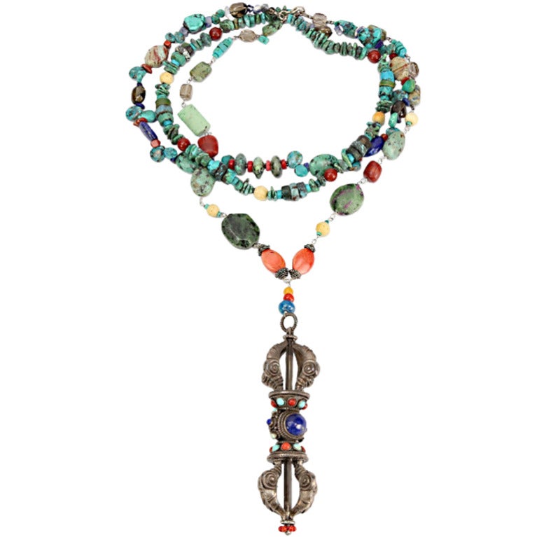 Turquoise Coral Lapis Agate Sterling Silver Dorje Statement Necklace For Sale
