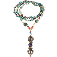 Turquoise Coral Lapis Agate Sterling Silver Dorje Statement Necklace