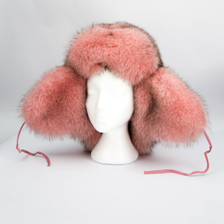 Featured is a Fabulous large Funky dyed Pink Fox Fur trapper hat. Never worn. Too wonderful for words!