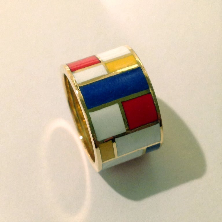 Contemporary Dalben Homage to Mondrian Unisex Enamel Gold Ring