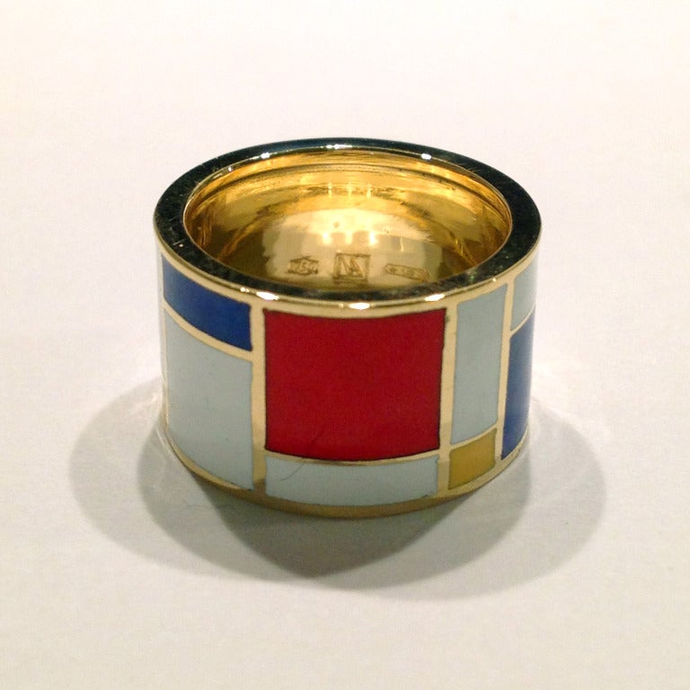 Dalben Homage to Mondrian Unisex Enamel Gold Ring In New Condition In Como, IT