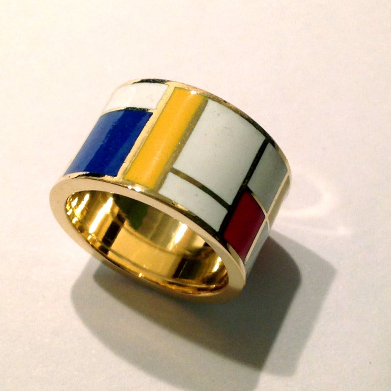 Dalben Homage to Mondrian Unisex Enamel Gold Ring 1