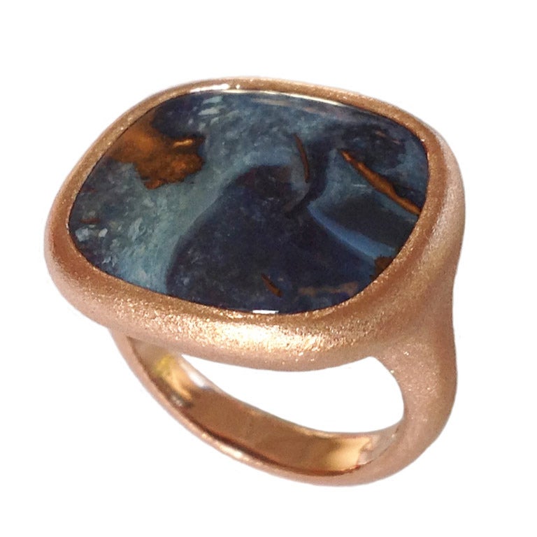 Dalben design 18k rose gold satin finishing ring with a 10.02 carat bezel-set Boulder Opal.

One of a Kind Ring size 6,5 - EU 53 re-sizable to most finger sizes.